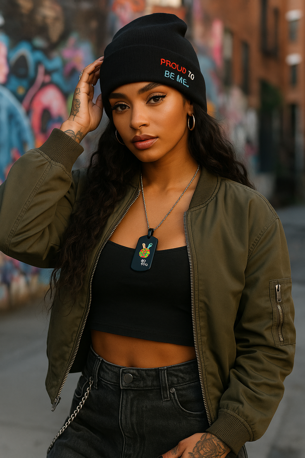 "Proud To Be Me flip-style knit beanie with double-sided messages in bold streetwear design"