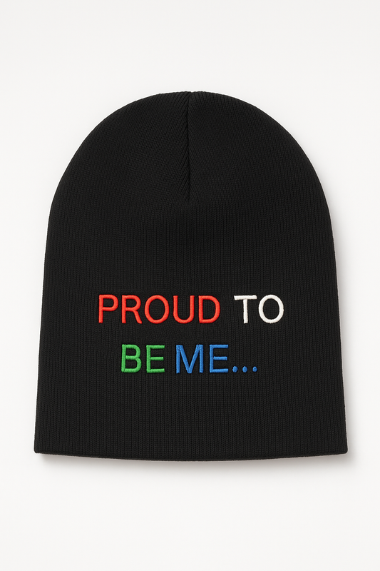 Close-up of Proud To Be Me flip-style knit beanie showing premium knit texture and reversible messages