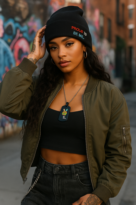"Proud To Be Me flip-style knit beanie with double-sided messages in bold streetwear design"