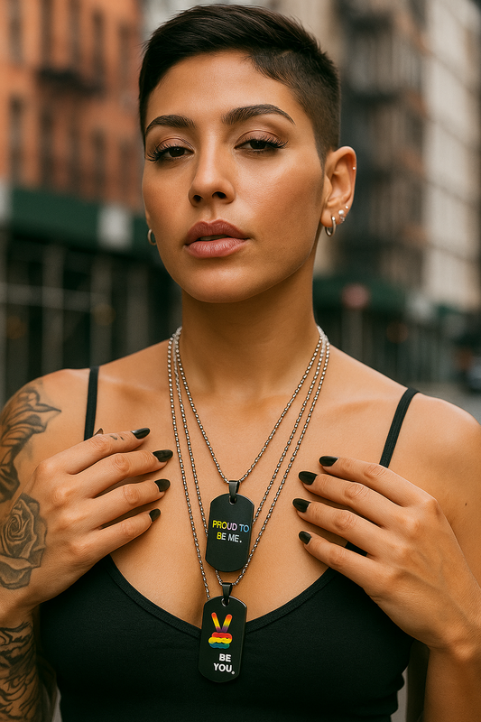 Proud To Be Me stainless steel dog tag necklace with engraved message