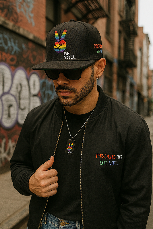Proud To Be Me snapback hat with flat brim and bold embroidered lettering in streetwear style