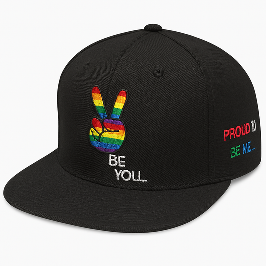 Model wearing Proud To Be Me snapback hat styled with casual streetwear outfit in NYC